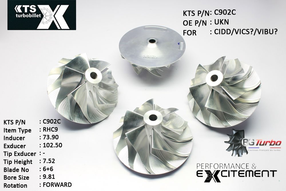 Turbo ROUE FORGÉE MFS PERFORMANCE - 6+6 PALES - INDUCER : 73,9 - EXDUCER : 102,5 - TYPE : RHC9ANGLE : 45° - ROTATION : Forward - SUPER BACK : 6,35 - BORE SIZE : 9,81
